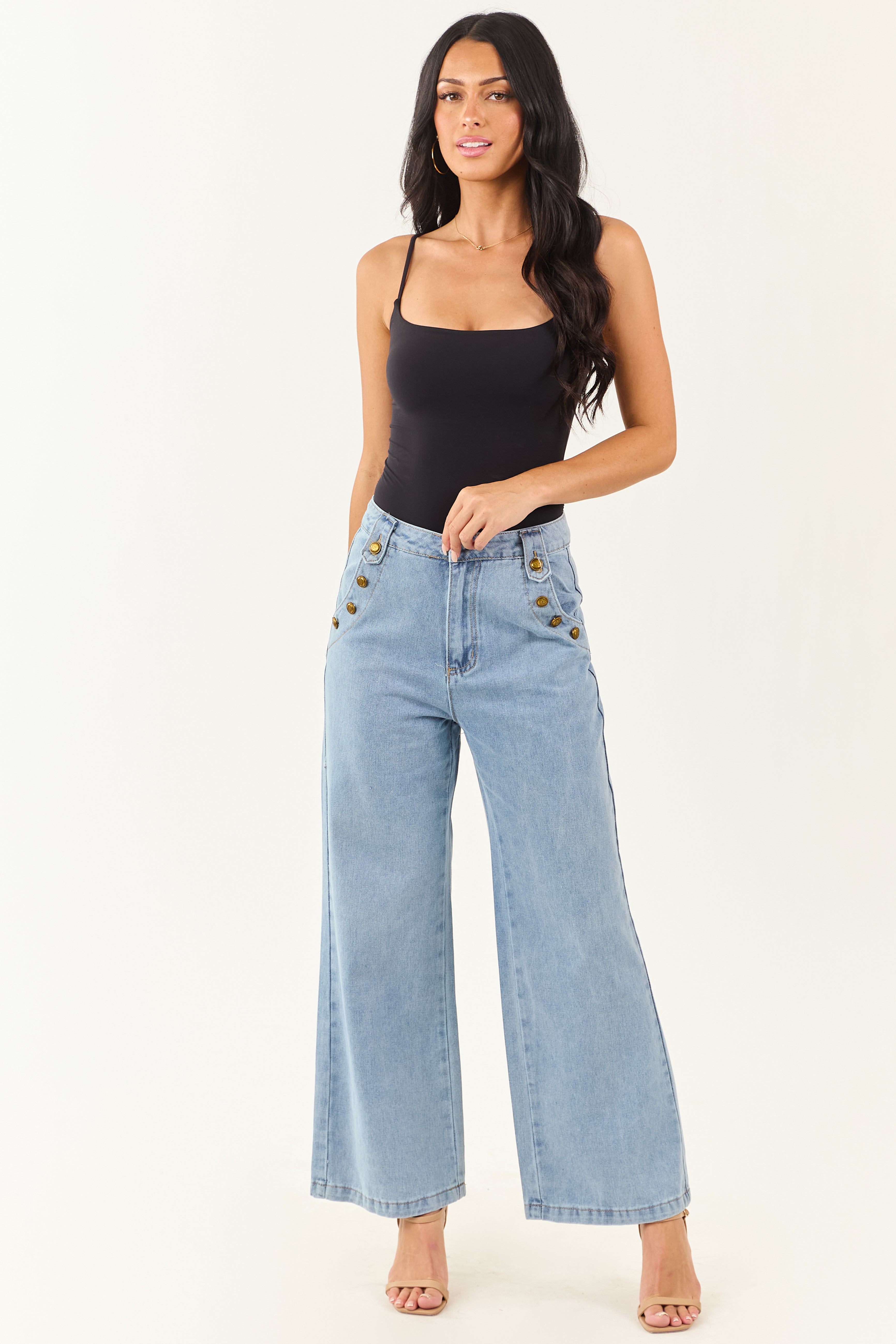 Light Wash Wide Leg High Rise Gold Button Jeans