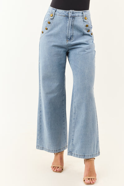 Light Wash Wide Leg High Rise Gold Button Jeans