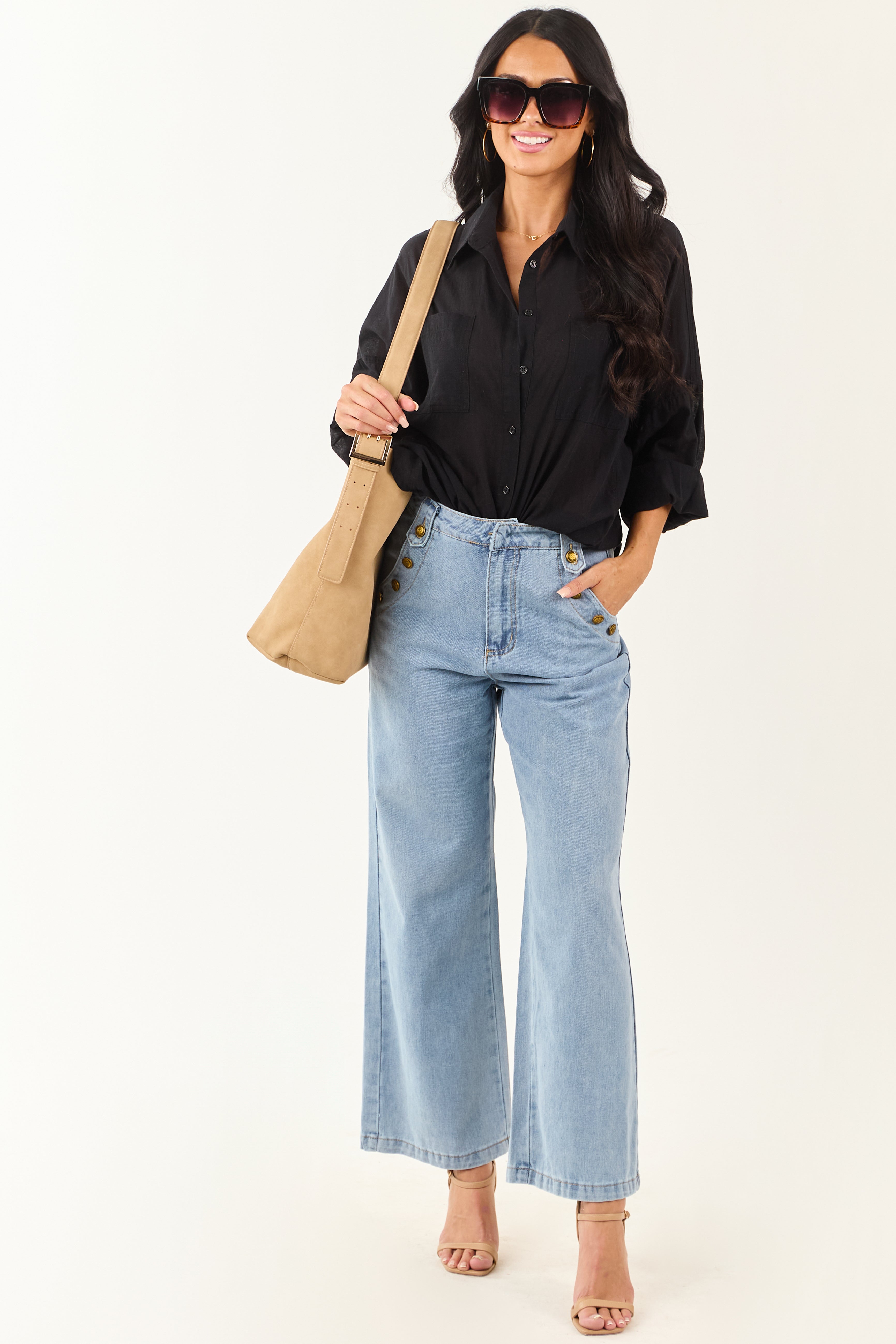 Light Wash Wide Leg High Rise Gold Button Jeans