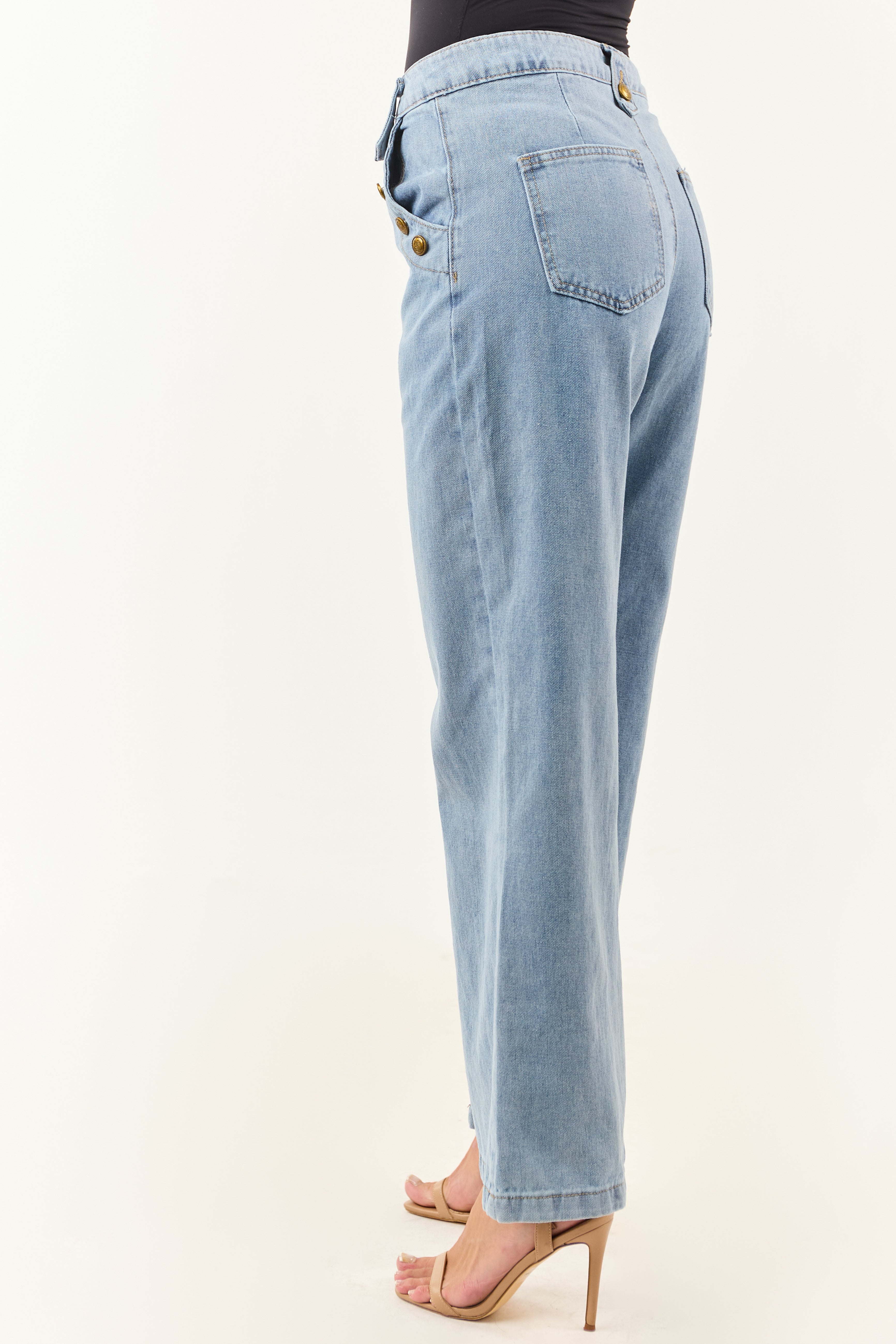 Light Wash Wide Leg High Rise Gold Button Jeans