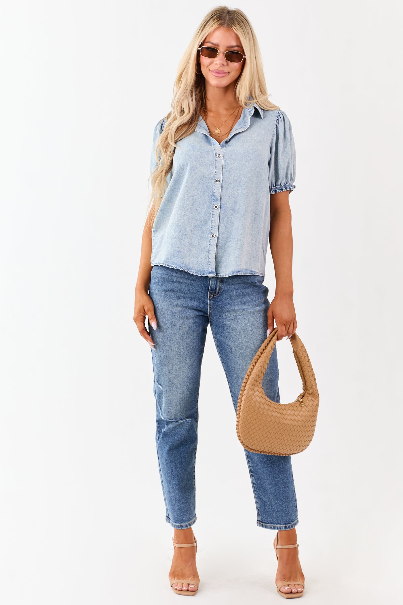 Light Washed Denim Puff Sleeve Button Up Top