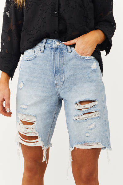 Light Washed High Rise Distressed Bermuda Shorts