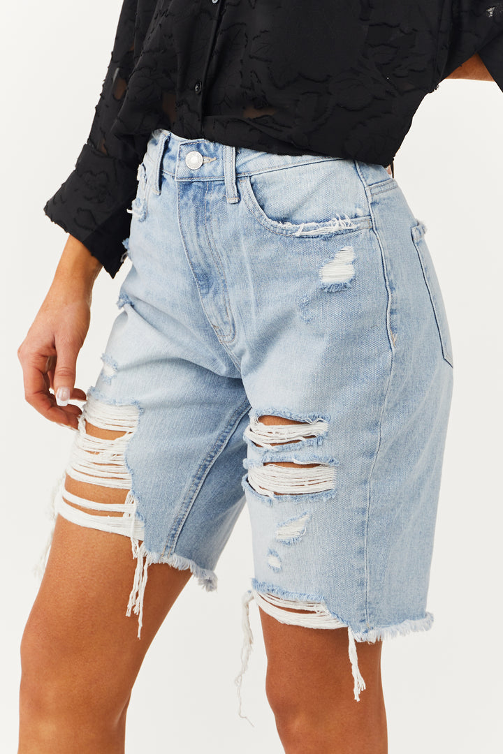 Light Washed High Rise Distressed Bermuda Shorts