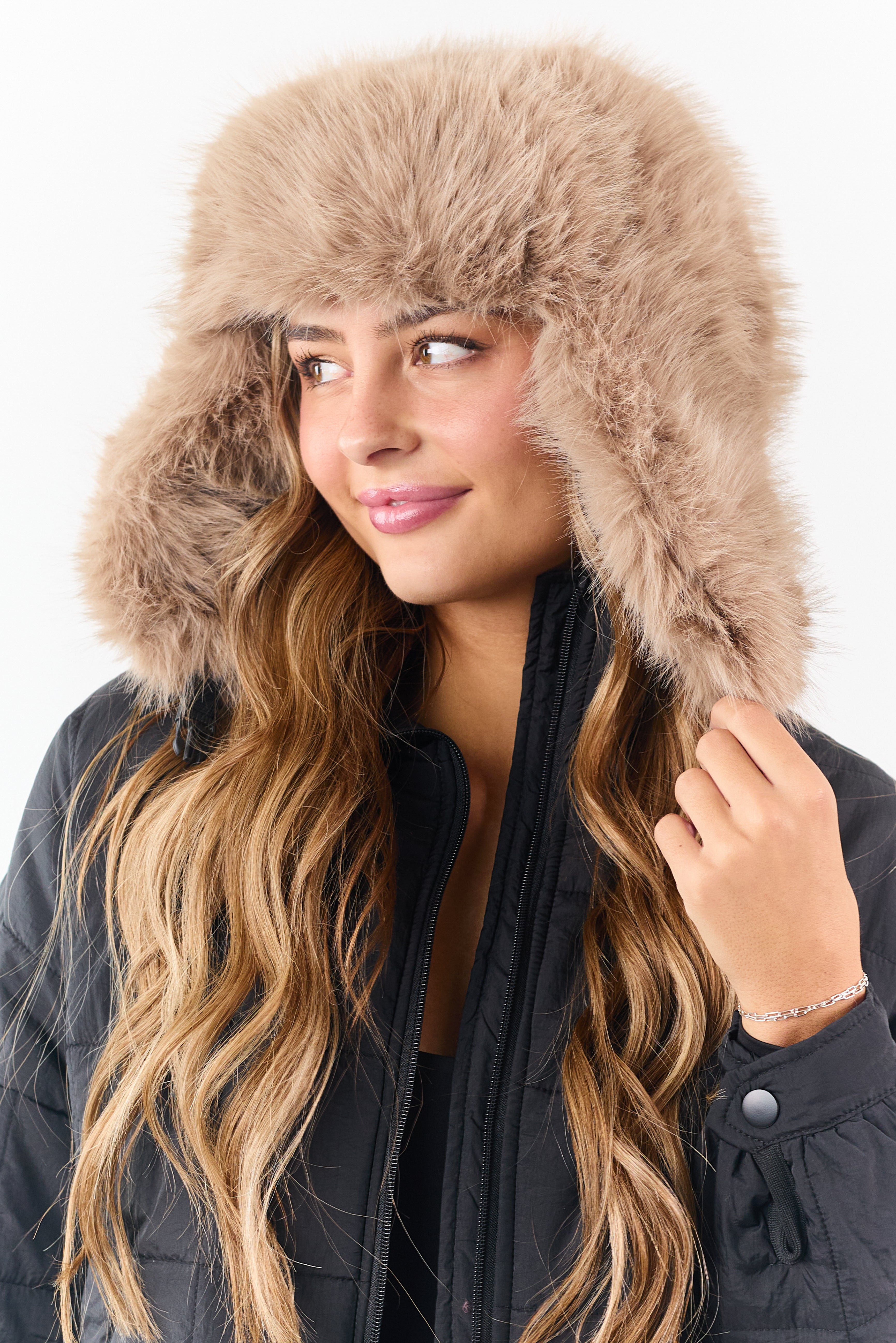 Light Coffee Faux Fur Trapper Hat with Buckle