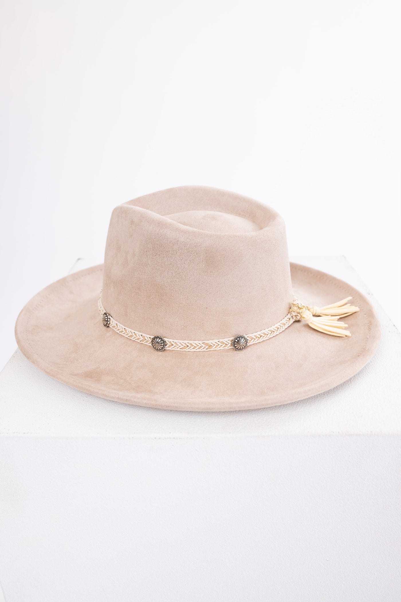 Light Latte Braided Tassel Strap Suede Hat