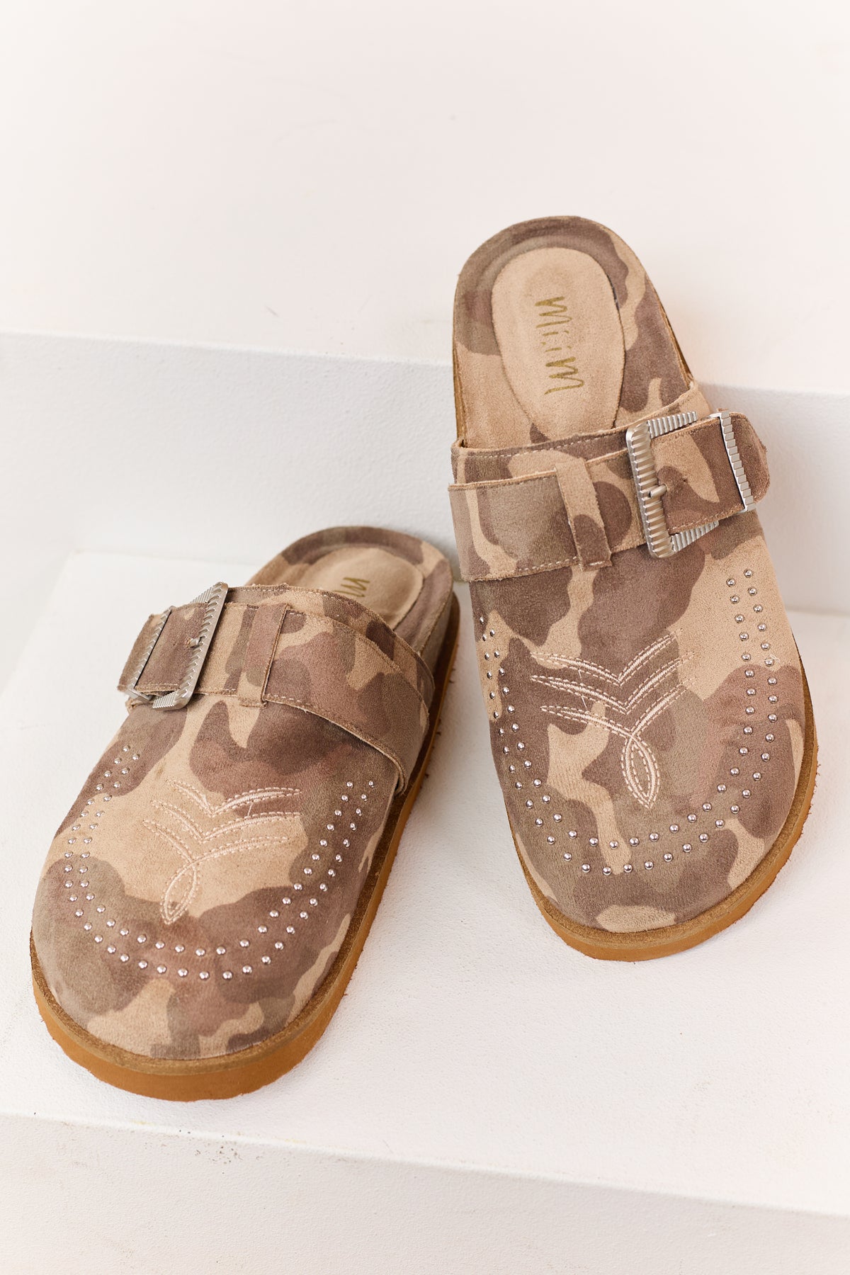 Light Mocha Camo Faux Suede Studded Clog Mule Flats