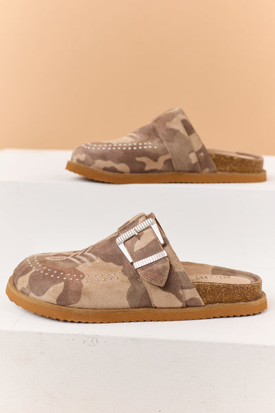 Light Mocha Camo Faux Suede Studded Clog Mule Flats