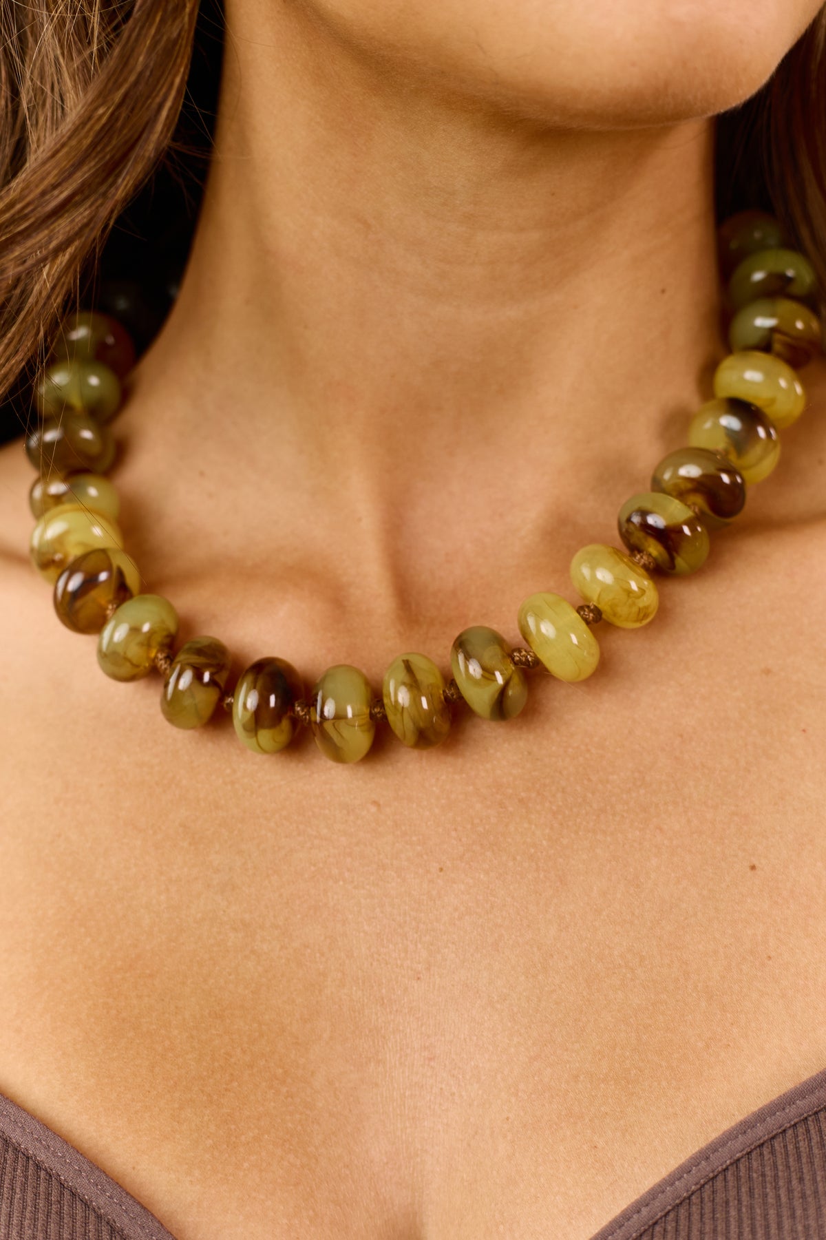 Light Olive and Chocolate Chunky Beaded Necklace