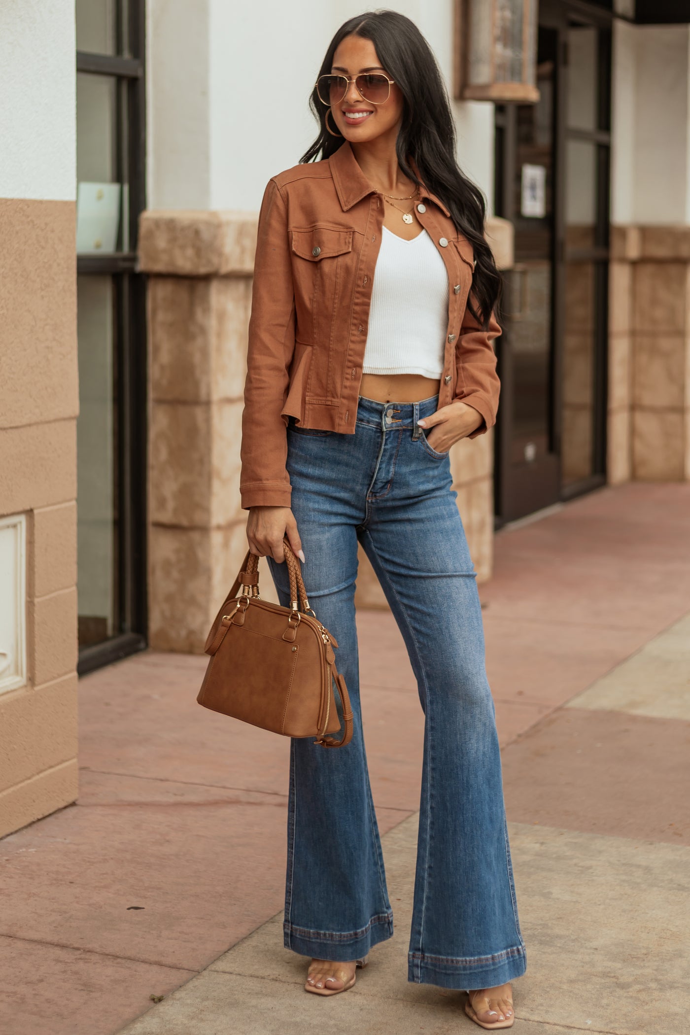 Light Spice Denim Button Up Peplum Jacket