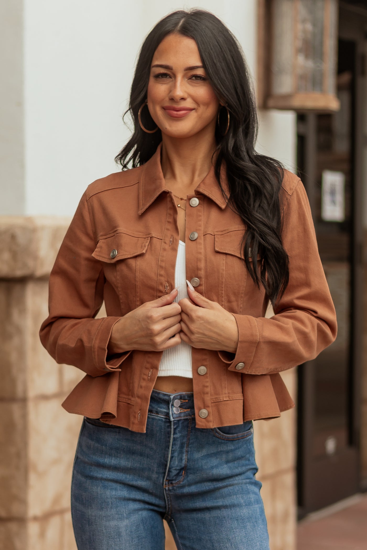 Light Spice Denim Button Up Peplum Jacket