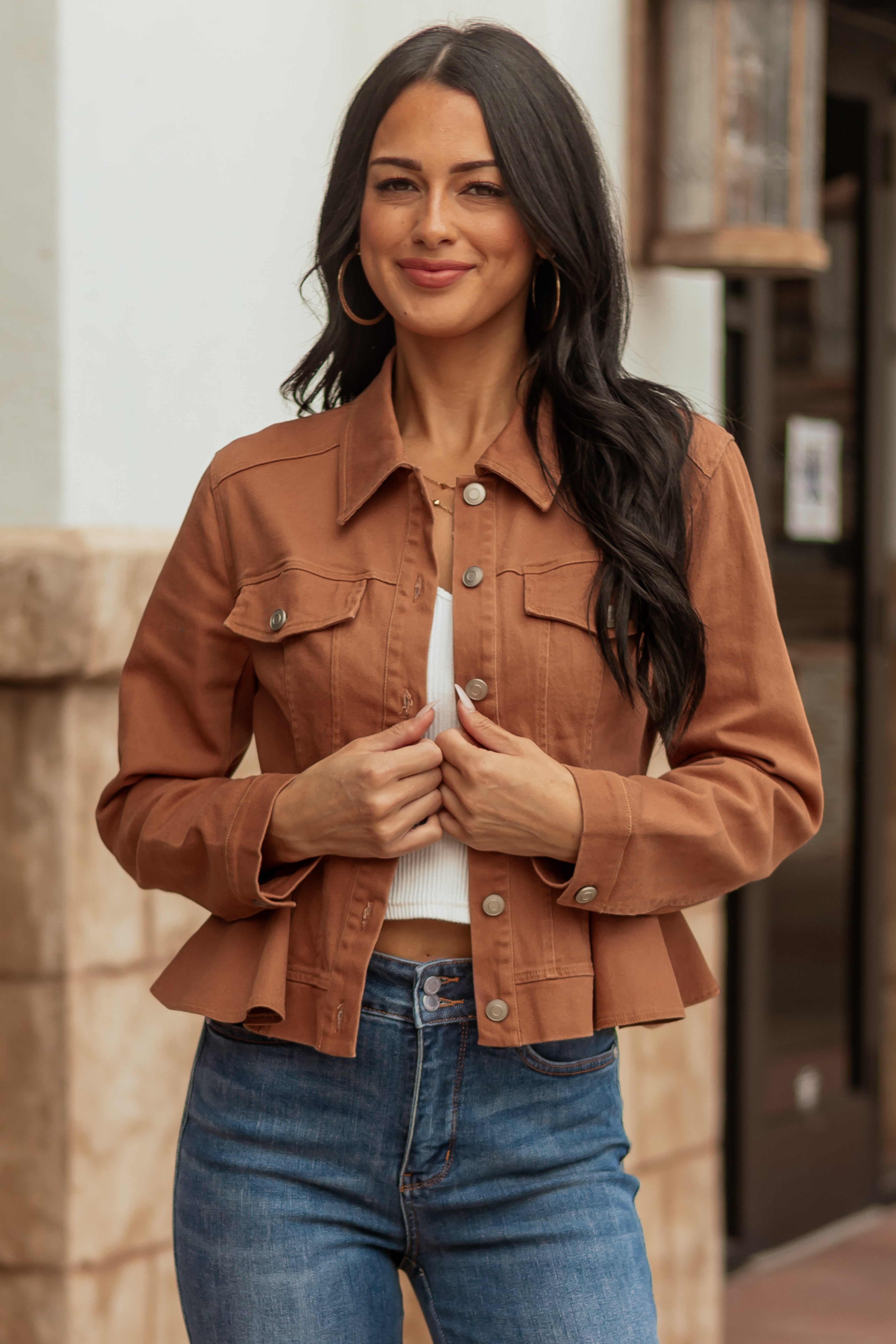 Light Spice Denim Button Up Peplum Jacket