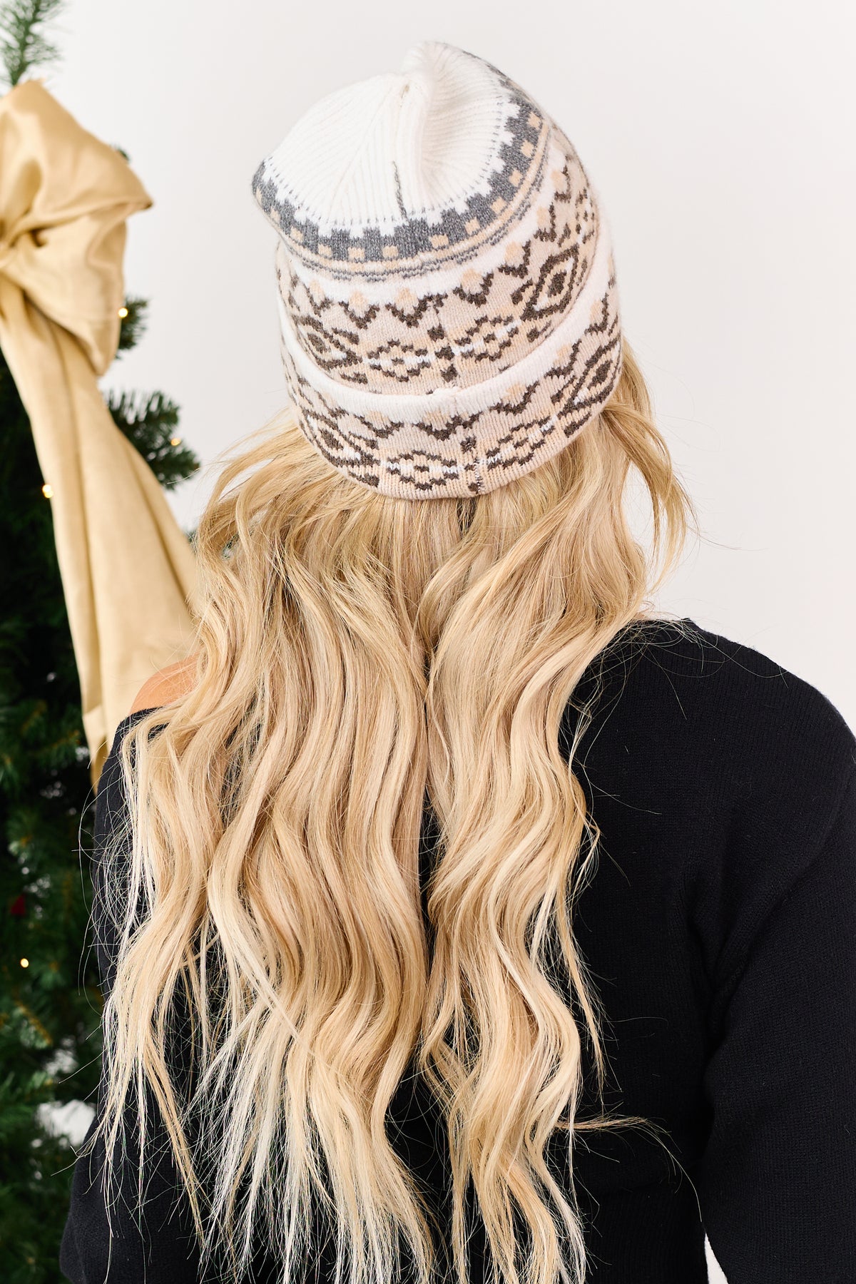 Light Taupe Rib Knit Aztec Print Cuff Beanie