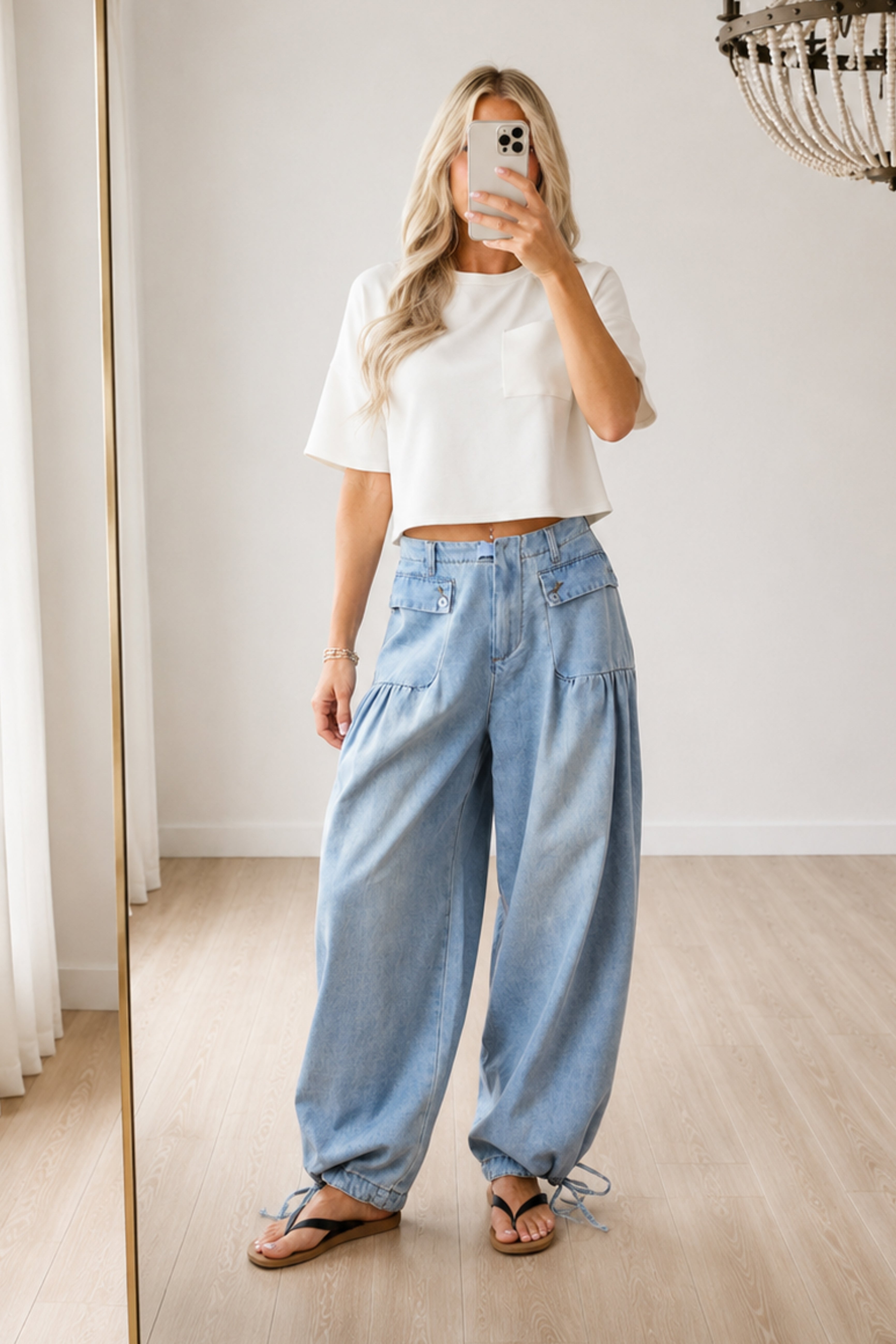 Light Wash Lightweight Denim Tie Hem Wide Pants