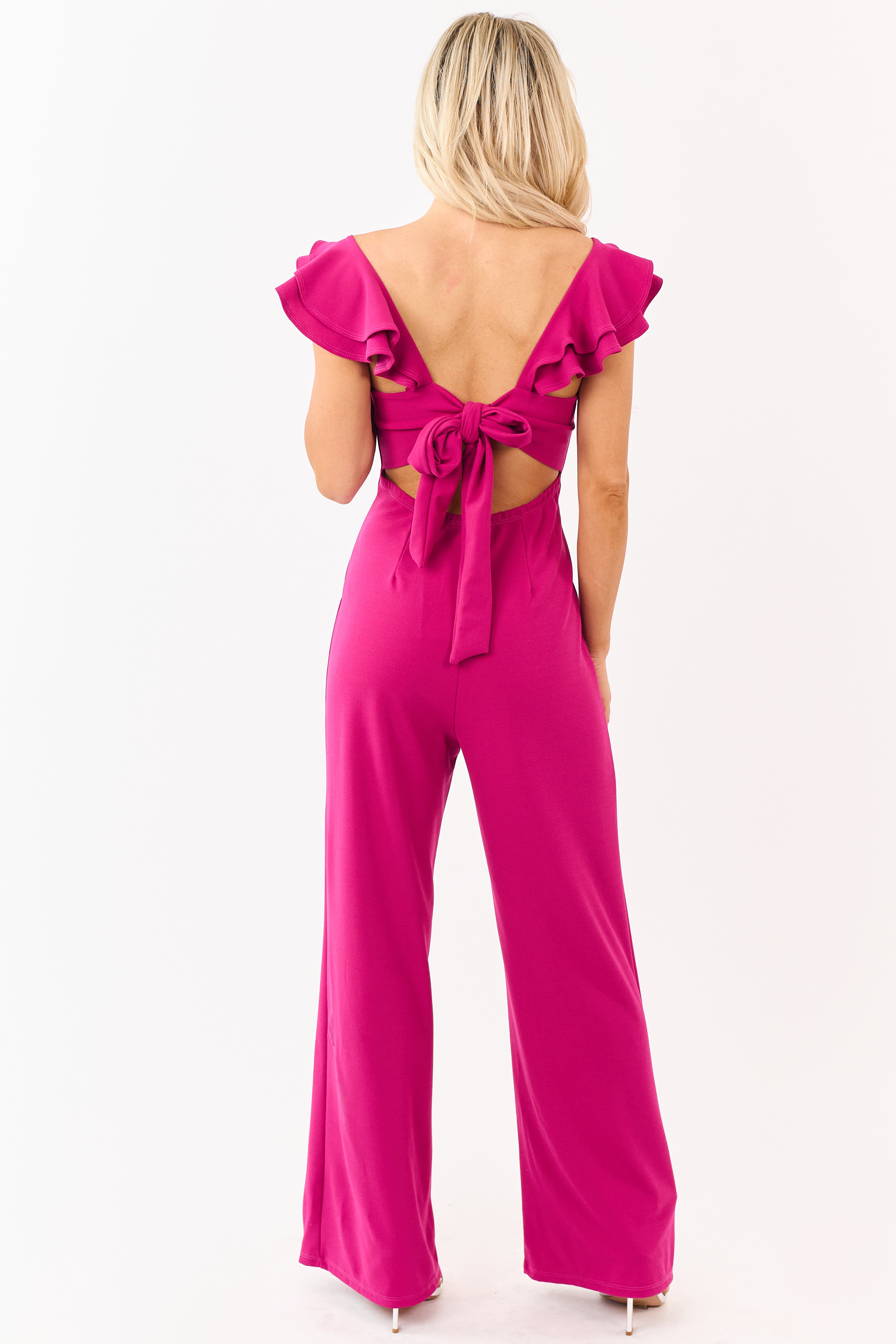 Lila Mulberry Ruffle Cap Sleeve Open Tie Back Jumpsuit