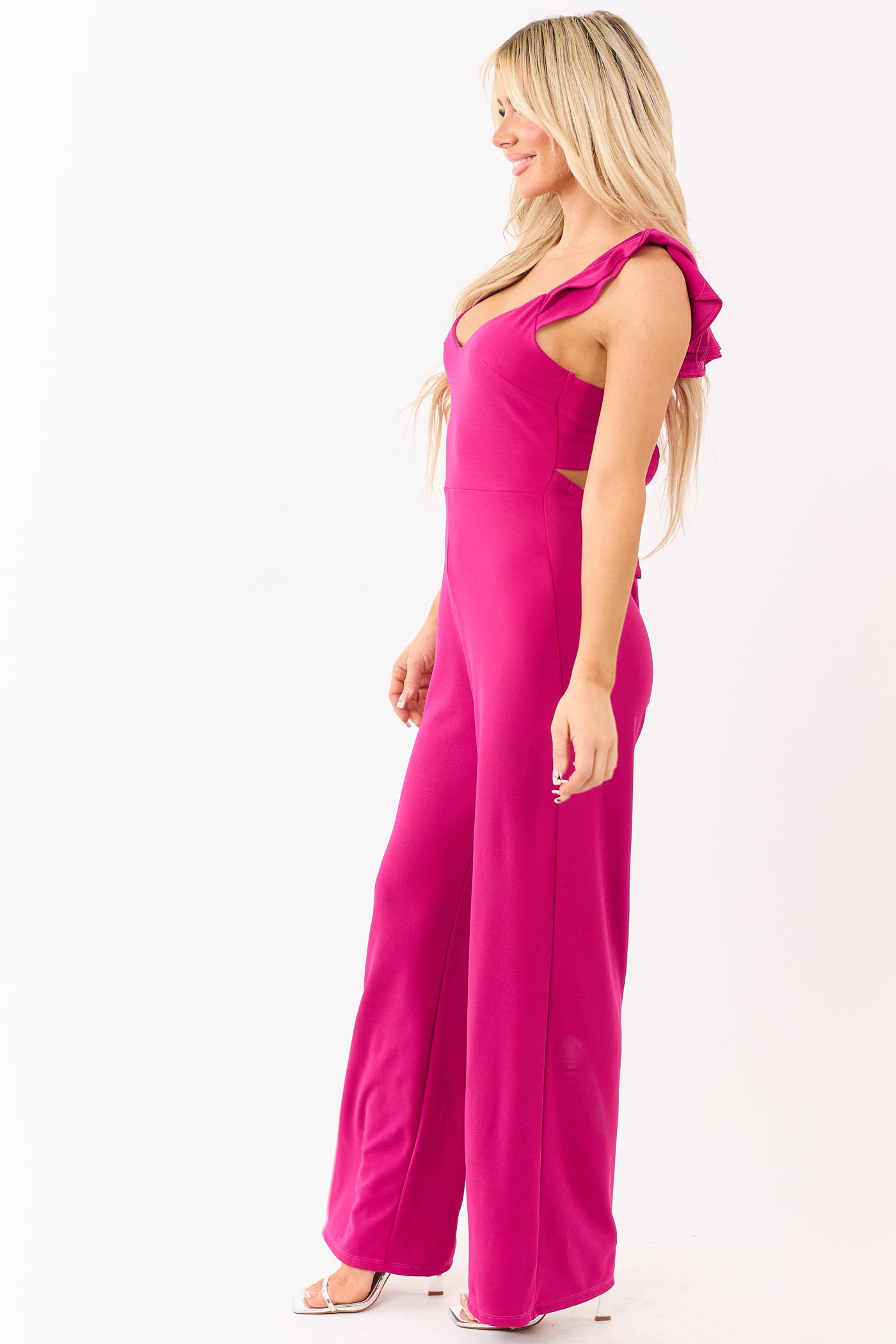 Lila Mulberry Ruffle Cap Sleeve Open Tie Back Jumpsuit