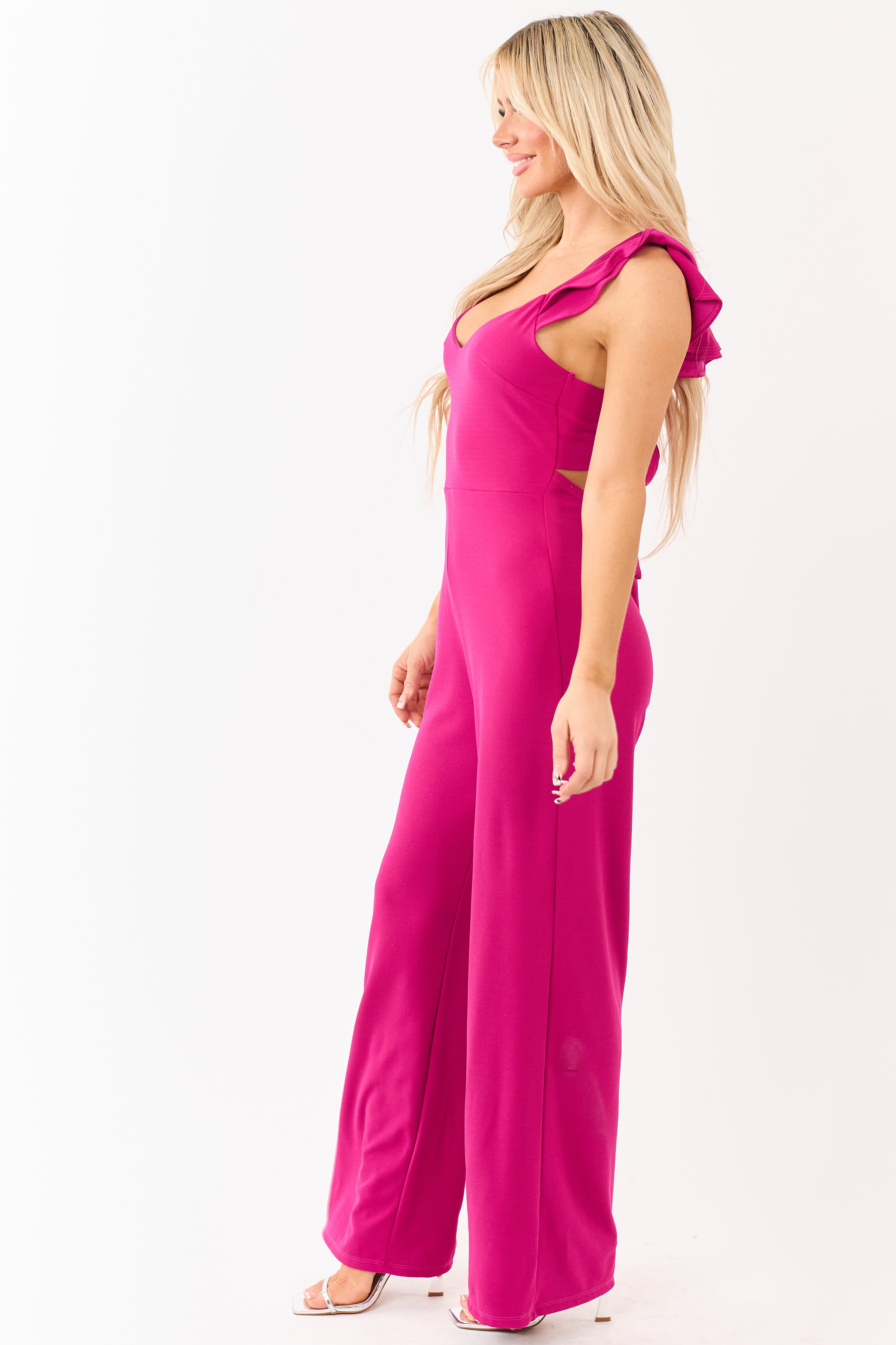 Lila Mulberry Ruffle Cap Sleeve Open Tie Back Jumpsuit