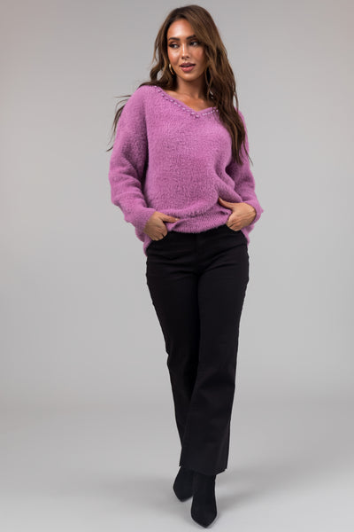 Lilac V Neck Pearl Trim Detail Fuzzy Knit Sweater