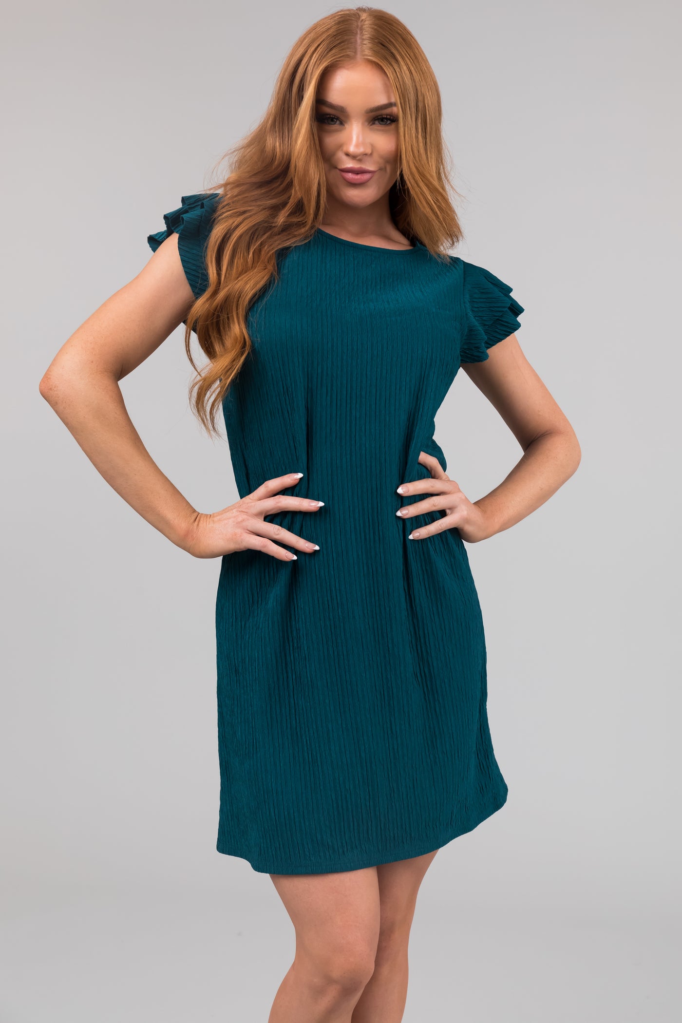 Lily Teal Frill Textured Shift Dress