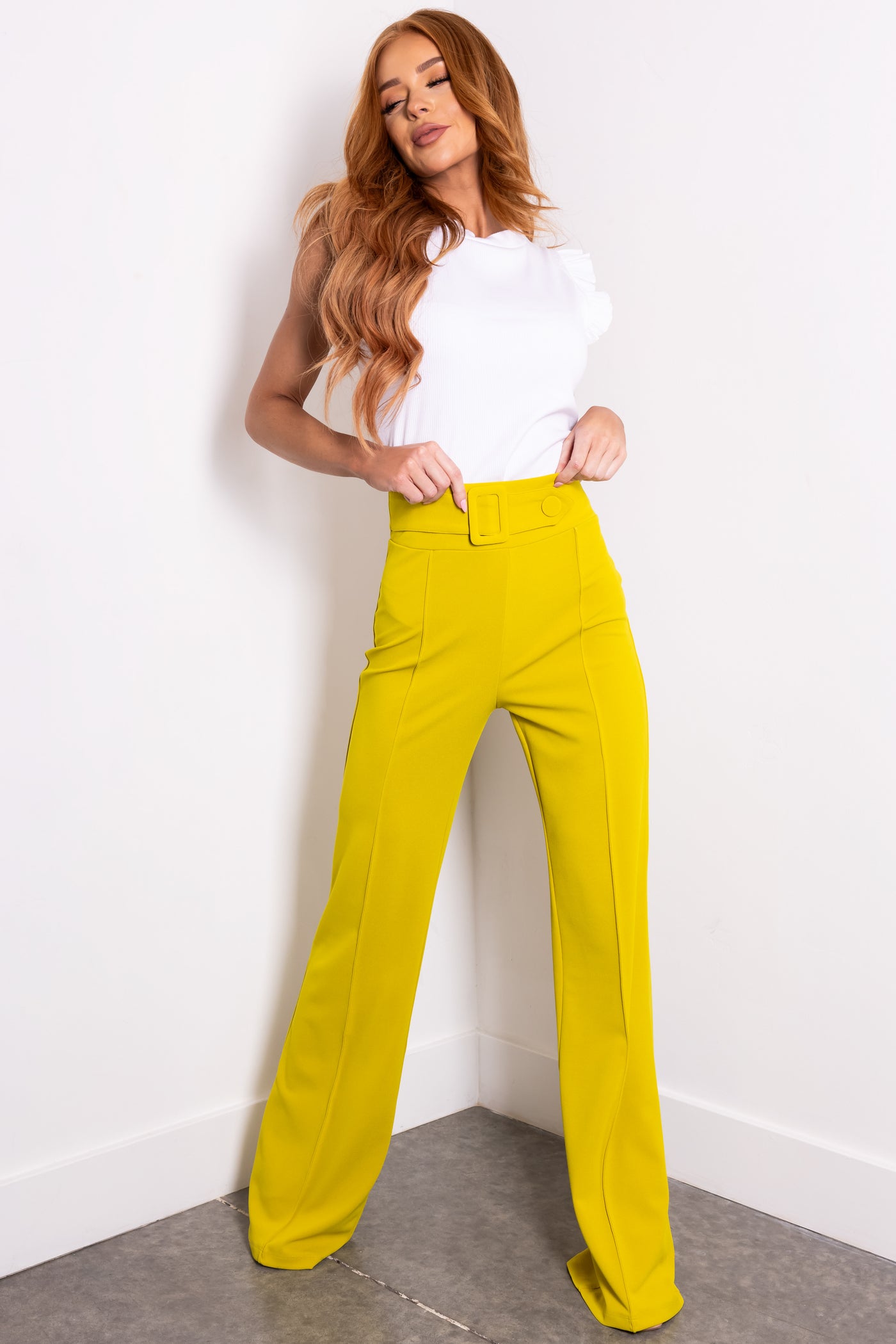 Lime Belted High Waist Pleated Pants