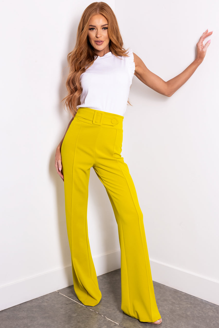 Lime Belted High Waist Pleated Pants