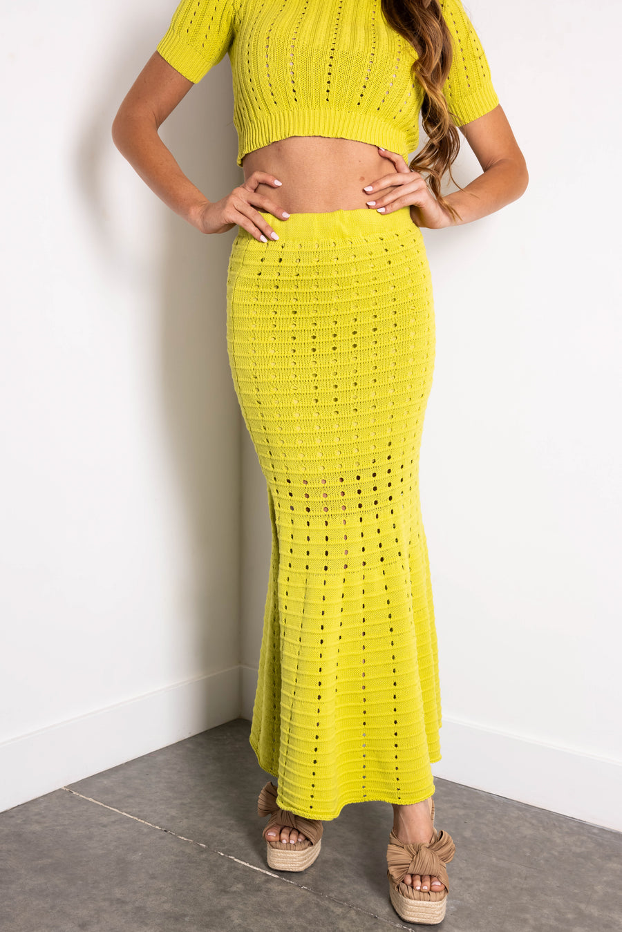 Lime Crochet Knit Fit and Flare Maxi Skirt