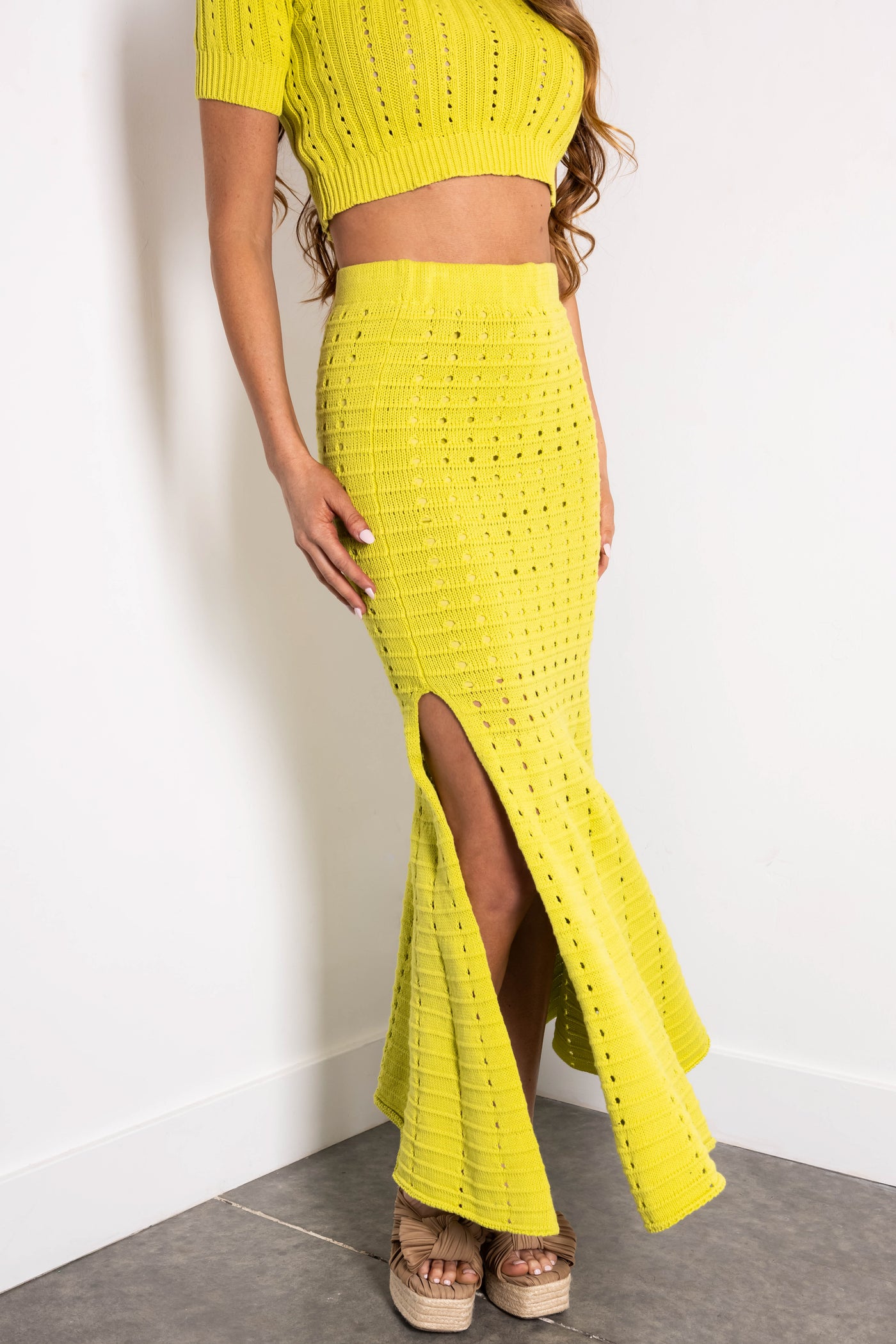Lime Crochet Knit Fit and Flare Maxi Skirt