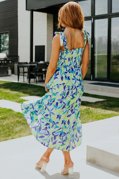 Lime Floral Print Smocked Tie Strap Midi Dress