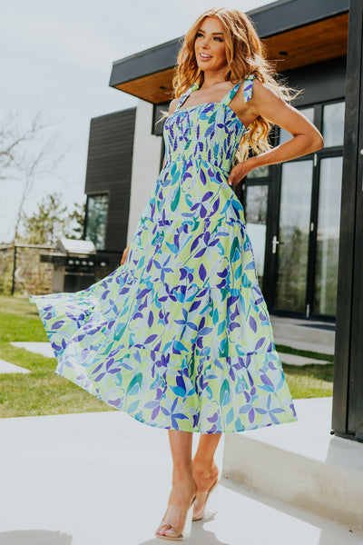 Lime Floral Print Smocked Tie Strap Midi Dress