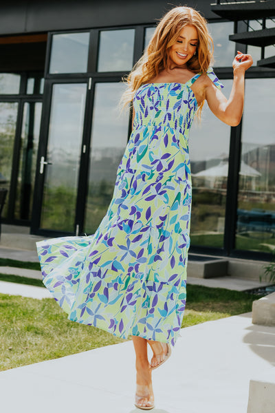 Lime Floral Print Smocked Tie Strap Midi Dress