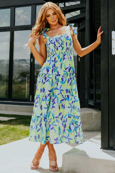 Lime Floral Print Smocked Tie Strap Midi Dress