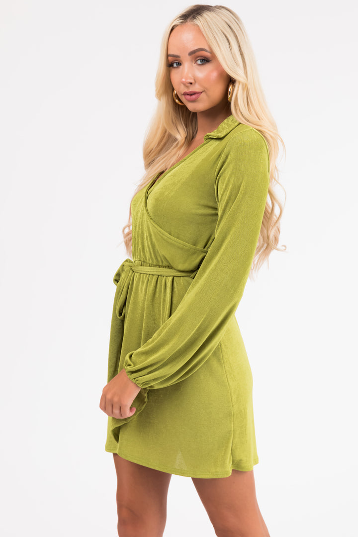 Lime Long Sleeve Surplice Short Dress