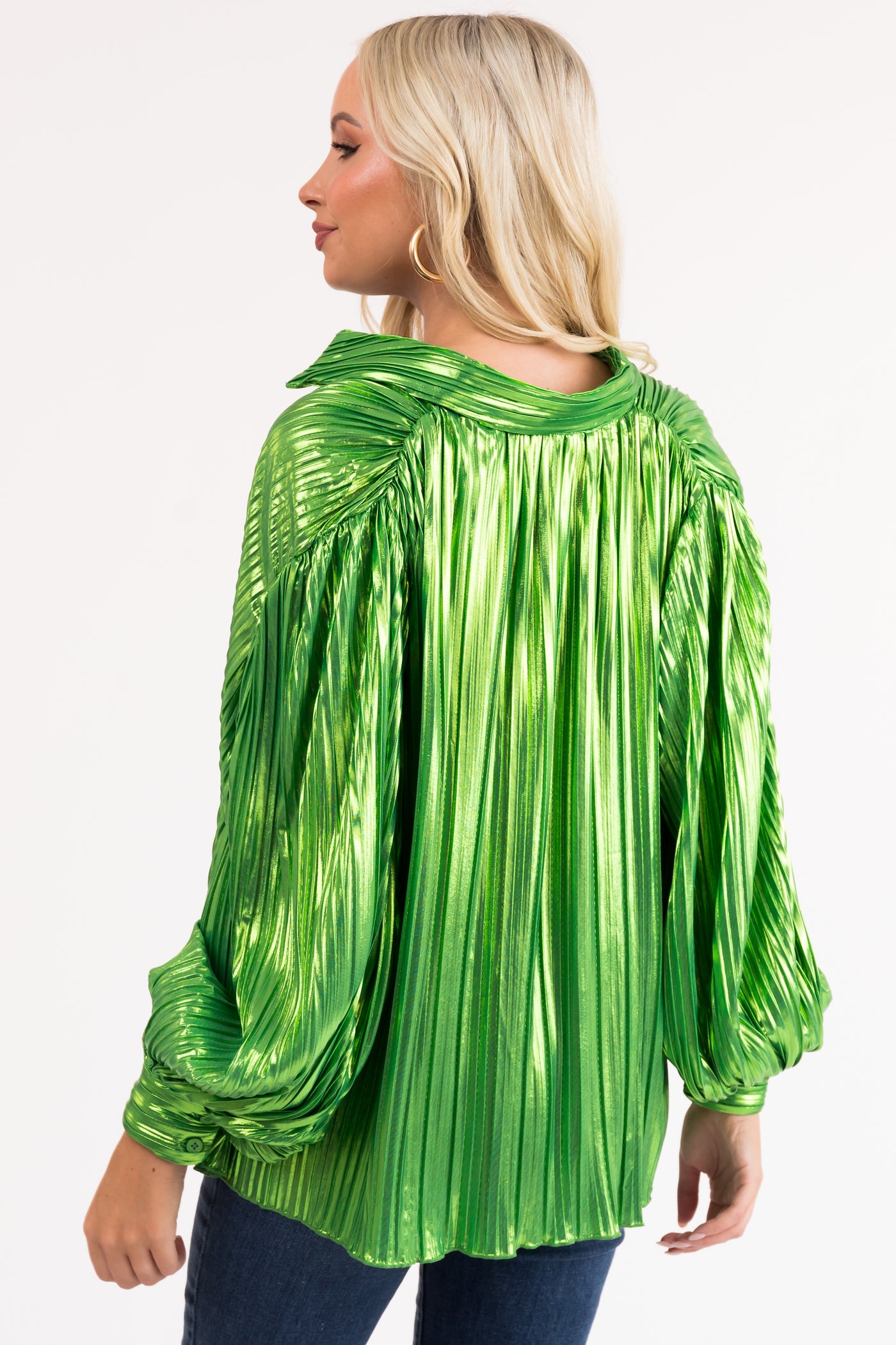 Lime Metallic Pleated Button Down Top