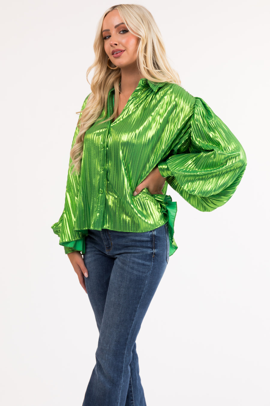 Lime Metallic Pleated Button Down Top