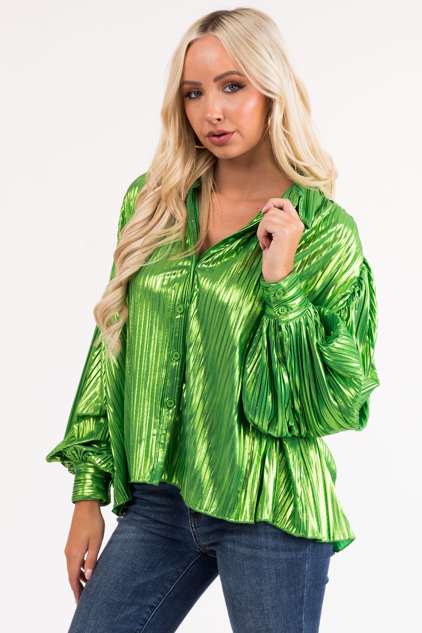 Lime Metallic Pleated Button Down Top