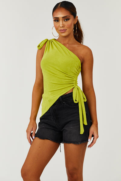 Lime One Shoulder Cinched Side Knit Top