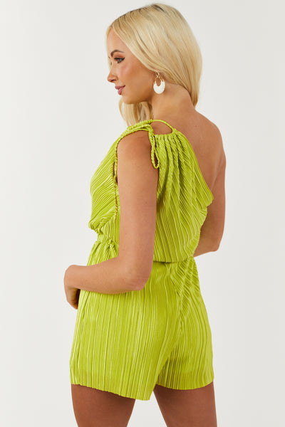 Lime One Shoulder Pleated Romper