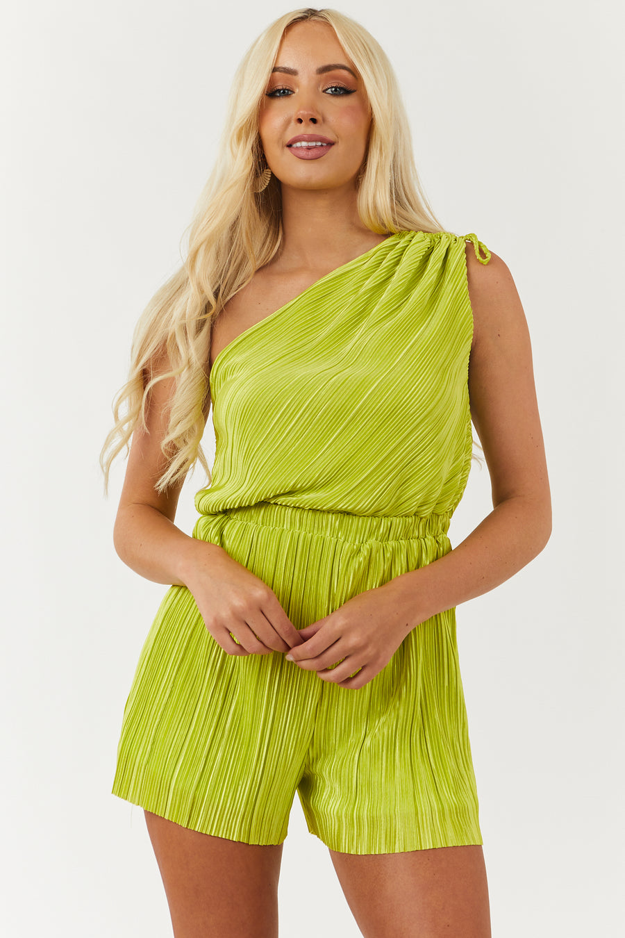 Lime One Shoulder Pleated Romper