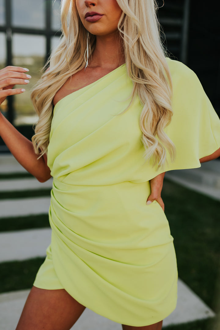 Lime One Shoulder Ruched Side Woven Mini Dress