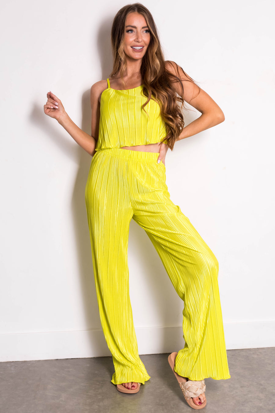 Lime Plisse Sleeveless Top and Pants Set