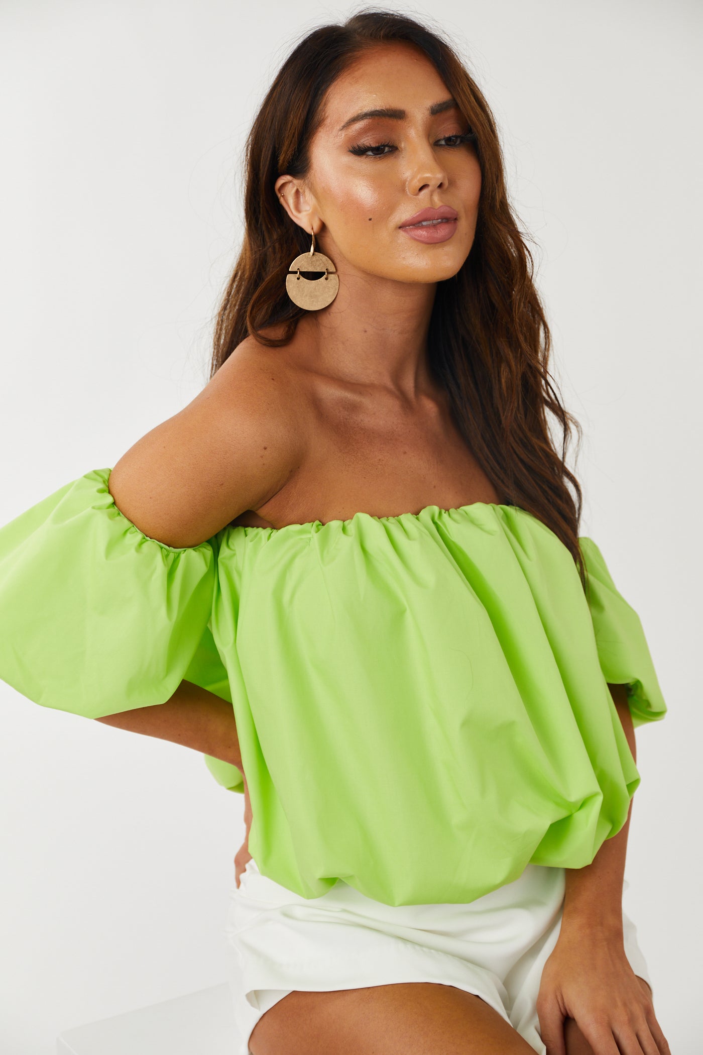 Lime Puff Off the Shoulder Cropped Blouse