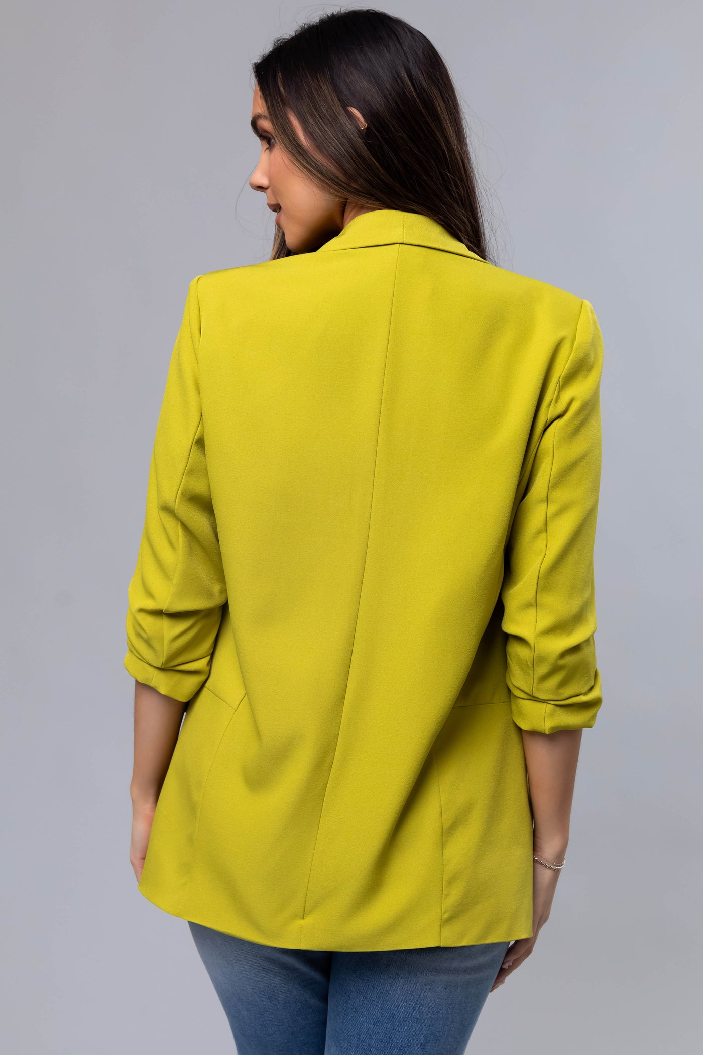 Lime Ruched 3/4 Sleeve Open Front Blazer
