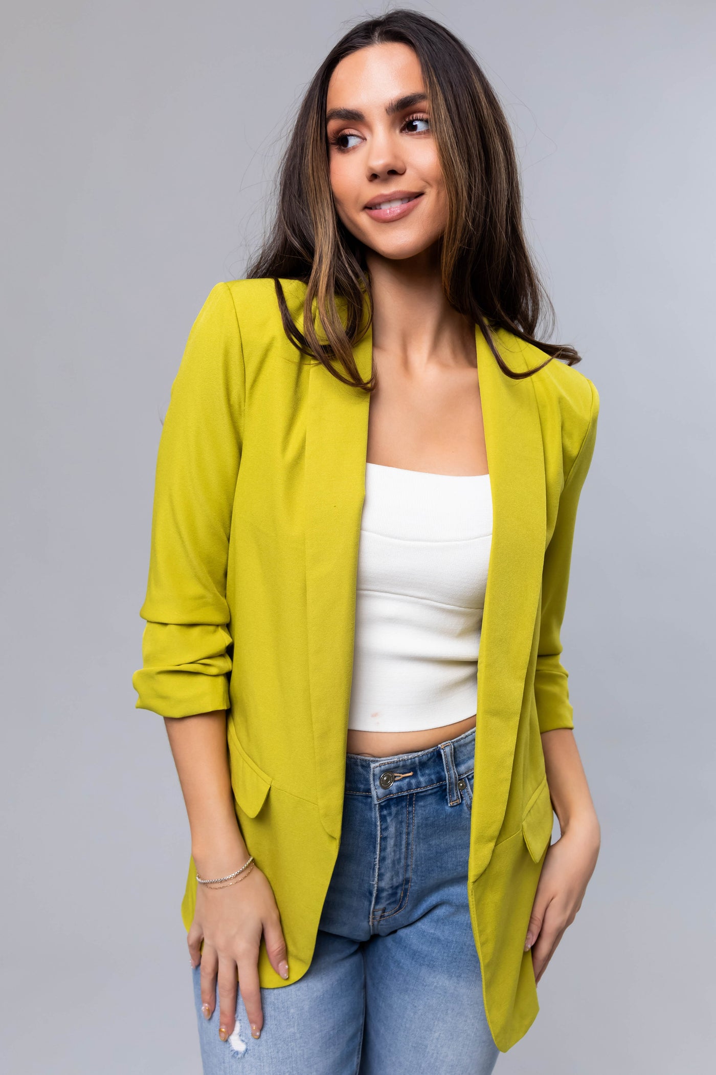 Lime Ruched 3/4 Sleeve Open Front Blazer