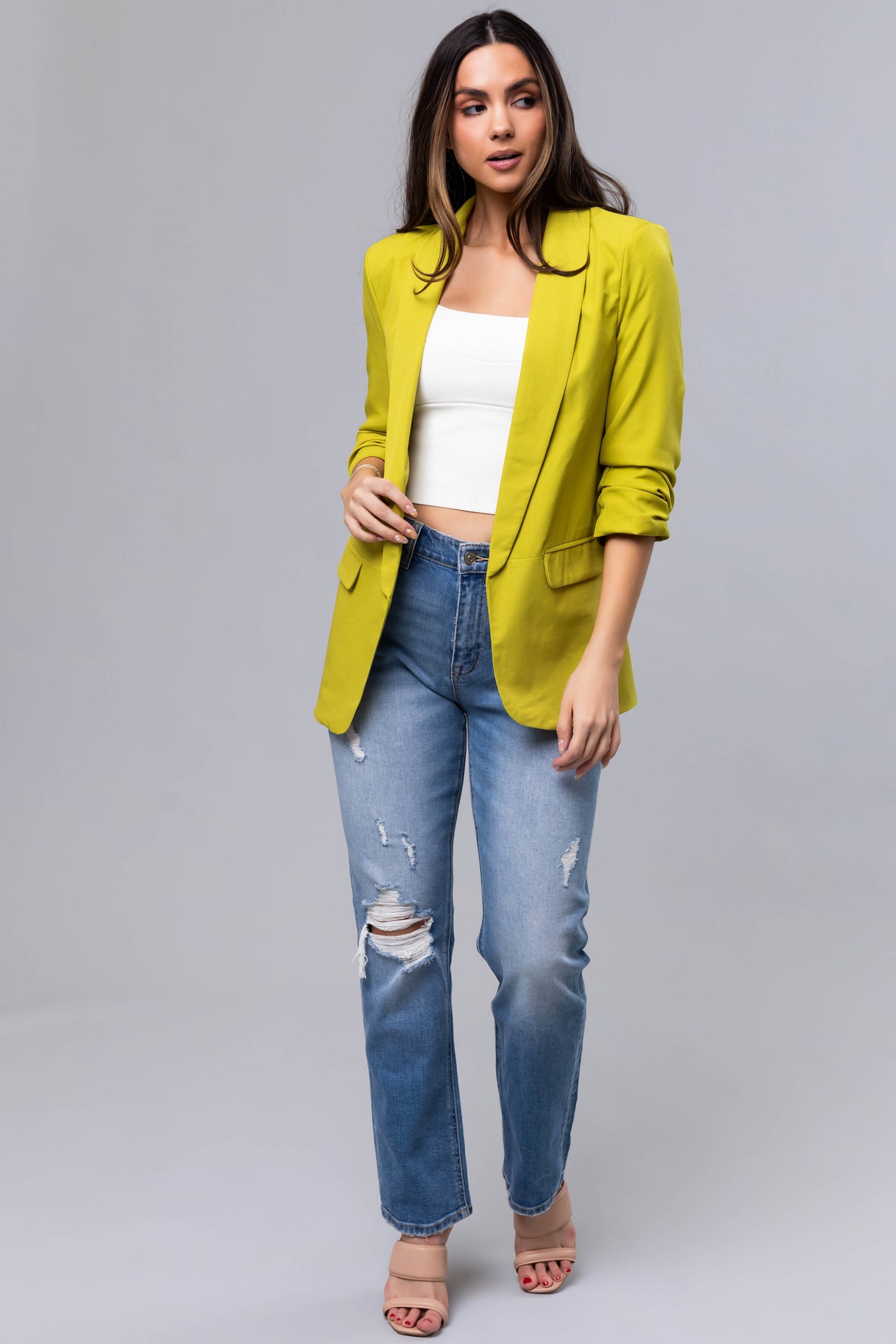 Lime Ruched 3/4 Sleeve Open Front Blazer