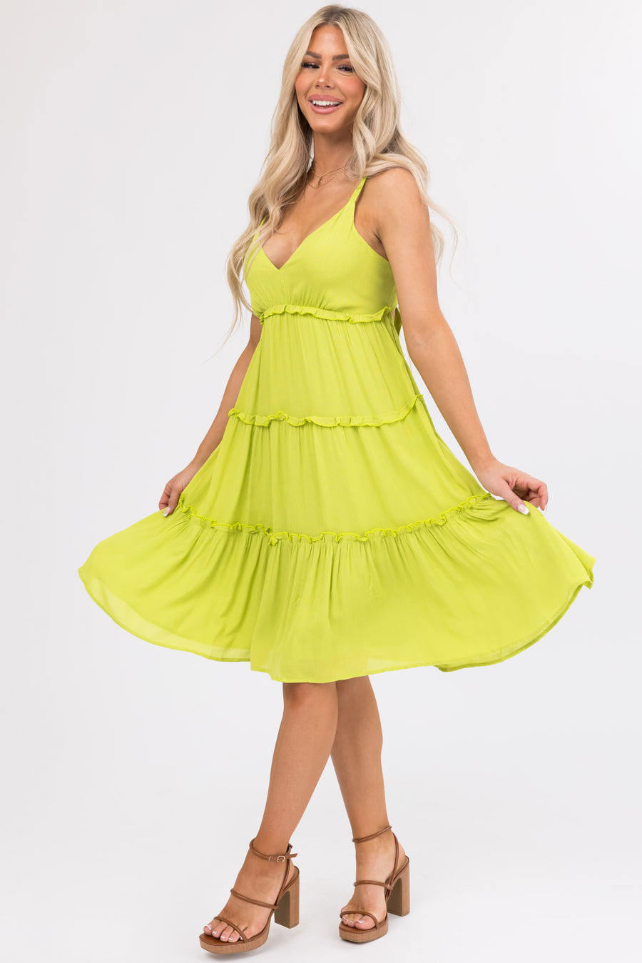 Lime Ruffle Tiered V Neck Knee Length Dress