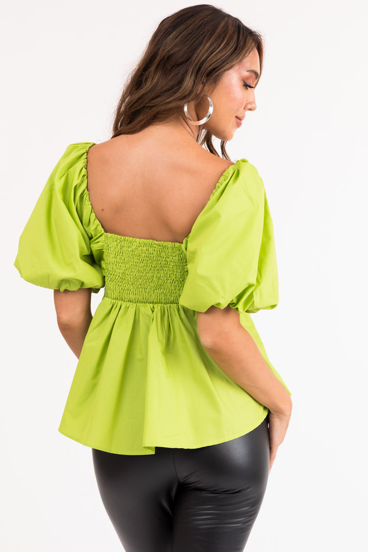 Lime Short Puff Sleeve Sweetheart Neck Top