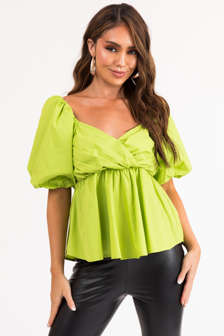 Lime Short Puff Sleeve Sweetheart Neck Top