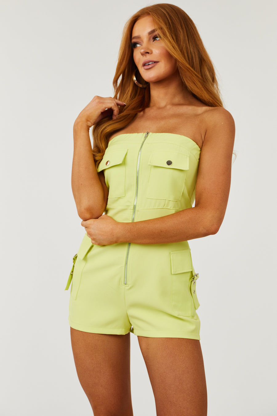 Lime Strapless Pocketed Zipper Front Romper