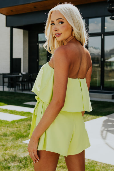 Lime Strapless Side Tie Ruffle Overlay Romper