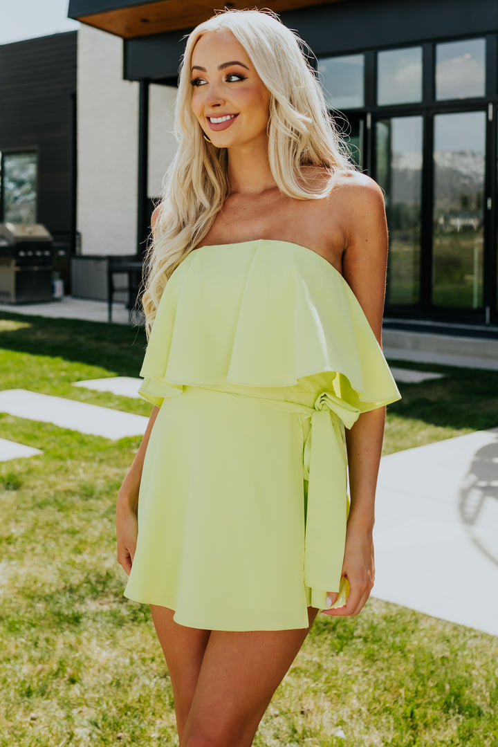 Lime Strapless Side Tie Ruffle Overlay Romper