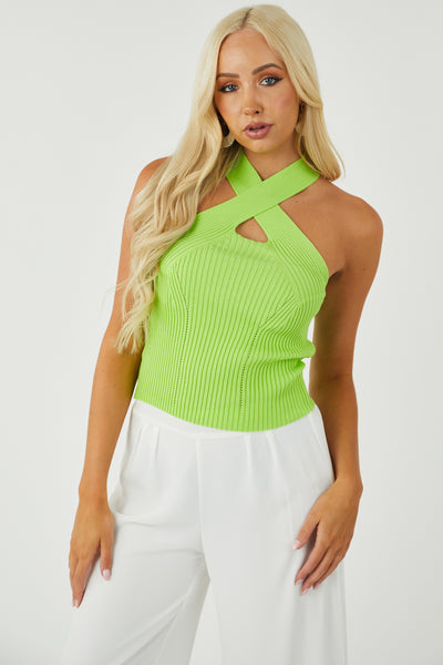 Lime Sweater Knit Crossed Halter Tank Top